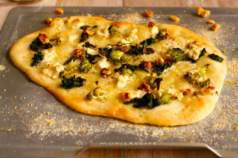 white spinach brocolli pizza