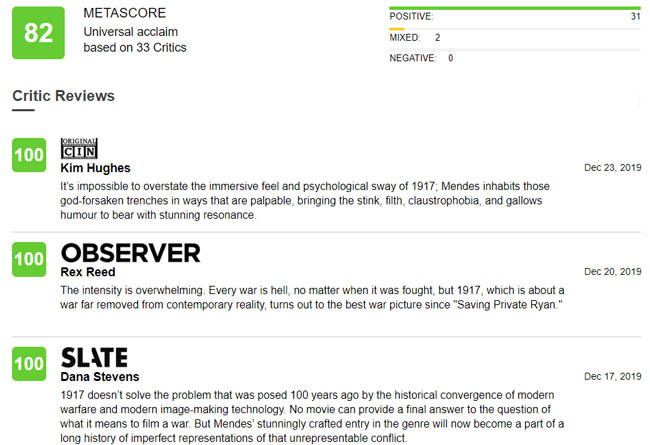 1917 movie reviews and metascore